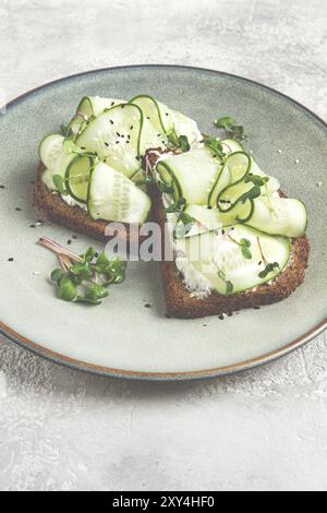 Frühstück, Müsli, Brot, Sandwiches, Frischkäse, Gurkenscheiben, mit Mikrogrün auf einem Leuchttisch, Nahaufnahme, Blick von oben, selektiver Fokus, keine Leute Stockfoto