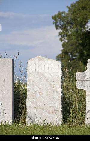 Einzelner leerer Granitgrabstein auf einer Graswiese Stockfoto