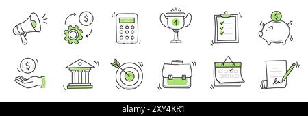 Handgezeichnetes Doodle-Geschäft, Geld-Icon-Set. Finanzen, Geld, Marketing-Skizze gezeichnet süße trendige Linie Doodle Icon. Geschäftsbank, Finanzrechner, Elemente für wirtschaftliche Ziele. Vektorabbildung Stock Vektor