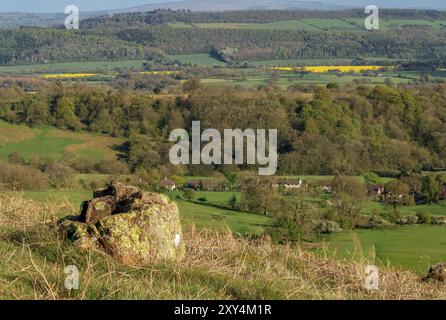 Blick von Hope Bowdler Hügel, in der Nähe von Church Stretton, Shropshire, England, Großbritannien Stockfoto