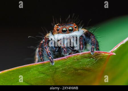 Nahaufnahme einer springenden Spinne auf grünem Blatt, farbenfrohe springende Spinne. Stockfoto