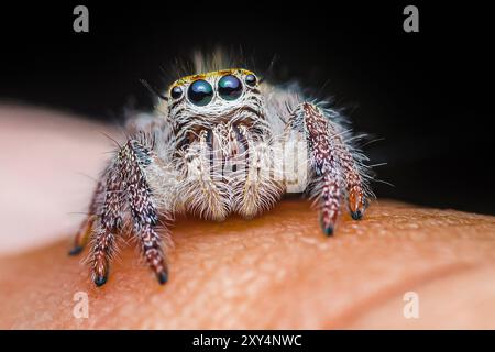 Nahaufnahme einer bunten Springspinne auf menschlicher Hand, Makroaufnahme, selektiver Fokus, Thailand. Stockfoto