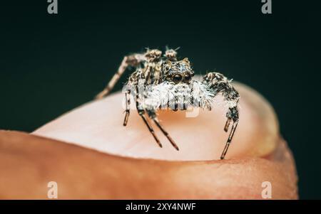 Nahaufnahme einer bunten Springspinne auf menschlicher Hand, Makroaufnahme, selektiver Fokus, Thailand. Stockfoto