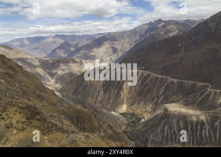 Panoramablick auf die Oase Sangalle im Colca Canyon in Peru Stockfoto