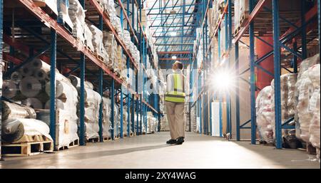 Frau, Back und Auftragnehmer mit Tablets in der Logistik für das Ladenmanagement, den Bestand oder die Überprüfung des Lagerbestands im Lager. Weibliche Person, Vertriebspartner oder Stockfoto