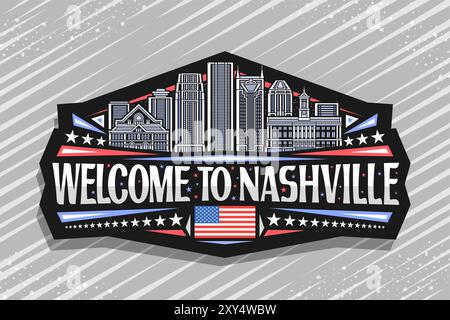 Vektor-Logo für Nashville, dunkles dekoratives Tag mit Illustration der berühmten Panorama nashville Stadtlandschaft auf Dämmerung Himmel Hintergrund, Linie Art Design refr Stock Vektor