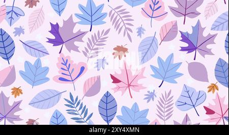 Ein nahtloses Vektormuster mit einer Vielzahl von bunten Herbstblättern in Pastelltönen. Ideal für saisonale Hintergründe, Textilien und Herbstmotive. Stock Vektor