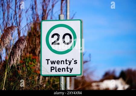 Straßenschild mit der Aufschrift „20“ in einem grünen runden Kreis und TWENTY's PLENTY“ vor einem Hintergrund mit blauem Himmel und etwas Sträuchern. Stockfoto