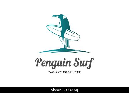 Einfache stehende Pinguin Maskottchen Charakter Cartoon halten Surf Board für Strand Surf Sport Club Wettbewerb Logo Design Vektor Stock Vektor