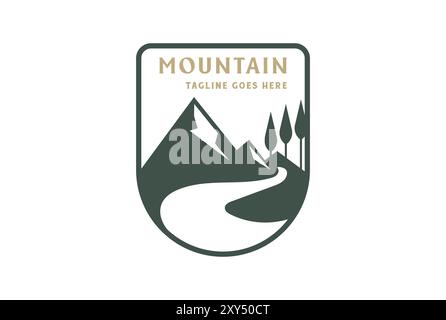 Vintage Mountain Forest mit River Creek oder gewundenen Road Street Way Abzeichen Emblem Label Logo Design Vektor Stock Vektor