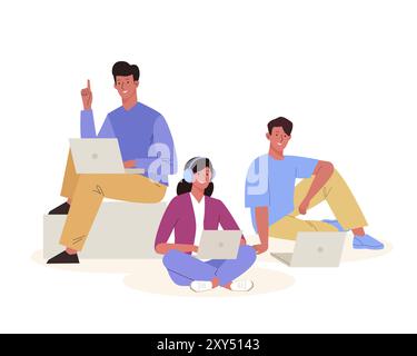 Junge Menschen, die in unterschiedlichen Positionen sitzen, posieren auf quadratischem Block oder auf dem Boden mit einem Laptop für Arbeit oder Studium. Coworking, Teamwork, Freelance, Online Stock Vektor