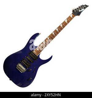 Ibanez E-Gitarre mit blauem Holzkörper, isoliert auf weißem Hintergrund, Istanbul Türkei Juli 07 2024 Stockfoto