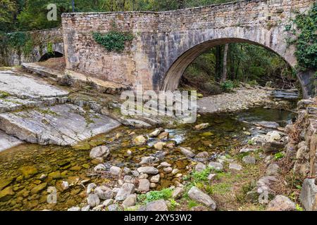 Eine Fußgängerbrücke aus Stein, erbaut über den Fluss Argoza, aus dem 16. Jahrhundert. Bárcena Bürgermeister, Kantabrien, Spanien. Stockfoto