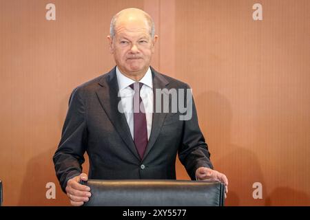 Berlin, Deutschland. August 2024. Bundeskanzler Olaf Scholz (SPD) nimmt an der Sitzung des Bundeskabinetts im Bundeskanzleramt Teil. Quelle: Kay Nietfeld/dpa/Alamy Live News Stockfoto