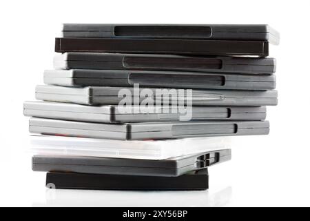 Nahaufnahme von DVDs in Packkartons Stockfoto