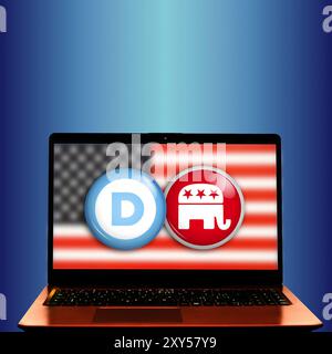 Laptop mit Symbolen von demokraten und Republikanern, Konzept der US-Präsidentschaftswahl 2024 Stockfoto