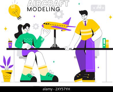 Flugzeugmodellierung und -Herstellung Vektorillustration mit Zusammenbauen oder Malen eines riesigen Flugzeugmodells als Replik eines vorhandenen im Hintergrund Stock Vektor