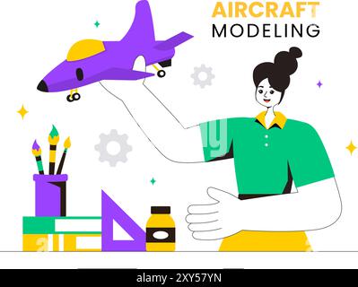 Flugzeugmodellierung und -Herstellung Vektorillustration mit Zusammenbauen oder Malen eines riesigen Flugzeugmodells als Replik eines vorhandenen im Hintergrund Stock Vektor