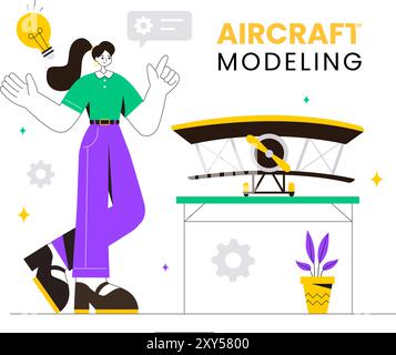 Flugzeugmodellierung und -Herstellung Vektorillustration mit Zusammenbauen oder Malen eines riesigen Flugzeugmodells als Replik eines vorhandenen im Hintergrund Stock Vektor