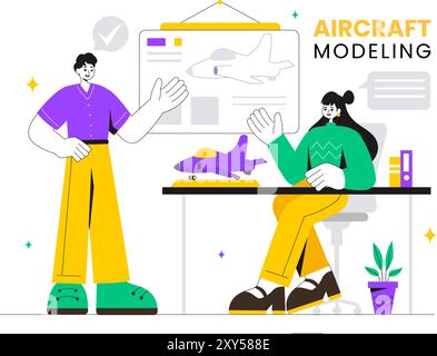 Flugzeugmodellierung und -Herstellung Vektorillustration mit Zusammenbauen oder Malen eines riesigen Flugzeugmodells als Replik eines vorhandenen im Hintergrund Stock Vektor