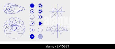 Sammlung von geometrischen Formen, Kreisen, Quadraten, Linien und Kurven, in einem rasterartigen Muster angeordnet, mathematische Funktionen, physikalische Konzepte. Stock Vektor