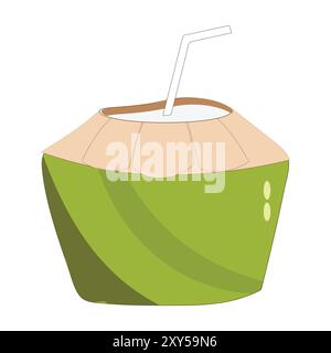 Grüne Kokosnuss-Vektor-Grafiken, Junge Kokosnuss-Wasser-Symbol. Sommer-Kokos-Cocktail. Vektor-Illustration tropischer exotischer Früchte in flacher Art. Stock Vektor