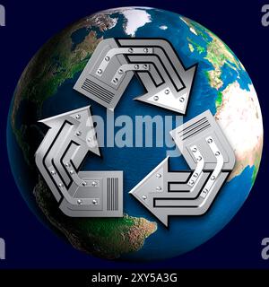 Künstlerische recycling-Symbol über Erde Globus konzeptionelle 3D-Illustration Umwelt und Ökologie-Konzept Stockfoto