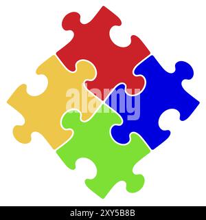 Künstlerisches abstraktes Symbol von vier miteinander verbundenen Puzzleteilen Stockfoto