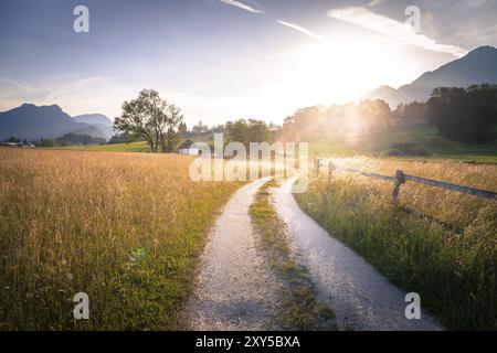 Malerischer Sonnenuntergang über Landstraße, Wiese, Hügel und Berge Stockfoto