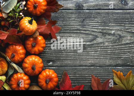 Blick von oben auf Kürbisse und Herbstblätter mit Kopierraum für Text auf einem grauen Holztisch. Hintergrund des Herbstkonzepts Stockfoto