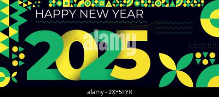 Happy New Year 2025 Typografie-Grußkartenbanner mit grünen und gelben geometrischen Mustern und Textdesign auf dunklem Hintergrund Stock Vektor