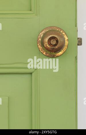 Türknöpfe aus Messing mit grüner alter Holztür Stockfoto