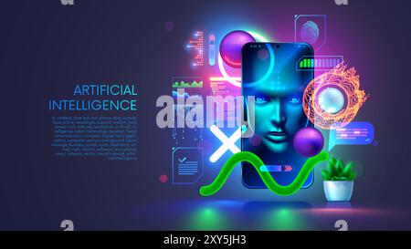 KI-Chatbot im Bild Weisheit Frauengesicht Blick auf Bildschirmtelefon. Online-KI-Chat-Bot sprechen über Messenger mit dem Benutzer. Technischer Support Bot, Internet-Zugang Stock Vektor