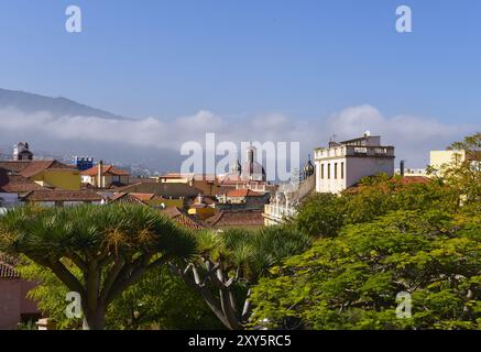 Blick auf La Orotava vom Liceo de Taoro, Teide im Hintergrund, Teneriffa, Kanarische Inseln, Spanien, Europa Stockfoto