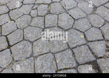 Kirkjugolf Natural Monument (der Kirchenboden), sechseckige Basaltsäulen Felsformation in Kirkjubaejarklaustur Stadt in Südisland, Nahaufnahme. Stockfoto