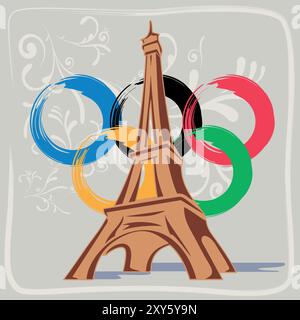 Illustration handgezeichneter Eiffelturm Paris Architektur historisches Gebäude mit Rahmen - Olympische Ringe, Logo der Olympischen Spiele - Paris Sommer 2024 Stock Vektor