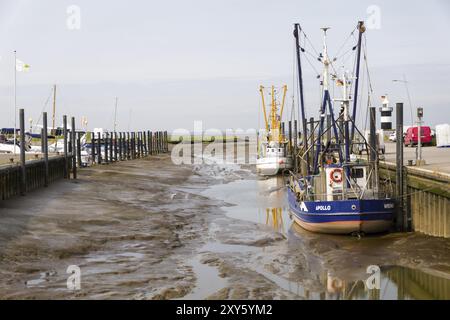 Garnelenschleppnetzfischer vertäuten im Siebhafen am Wattenmeer, Wremen, Cuxhaven, Niedersachsen Stockfoto