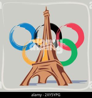 Illustration handgezeichneter Eiffelturm Paris Architektur historisches Gebäude mit Rahmen - Olympische Ringe, Logo der Olympischen Spiele - Paris Sommer 2024 Stock Vektor