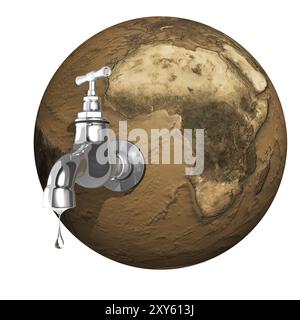 Wasser tropft aus einem offenen Wasserhahn, der an einem getrockneten Planeten Erde befestigt ist. Isoliert auf weißem Hintergrund Stockfoto