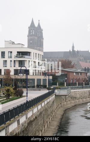 Promenade am Elbufer in Magdeburg Stockfoto