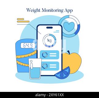 Health App-Konzept. Abbildung einer mobilen Anwendung zur Gewichtsüberwachung mit Fitness-Tracking-Funktionen und Nährwertindikatoren. Vektorabbildung. Stock Vektor