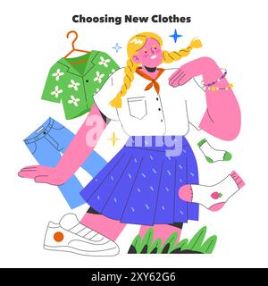 Neues Bekleidungskonzept. Mädchen mit blonden Zöpfen, die verschiedene Outfits für einen frischen Look anprobieren. Elemente des legeren modischen Stils. Vektorabbildung. Stock Vektor