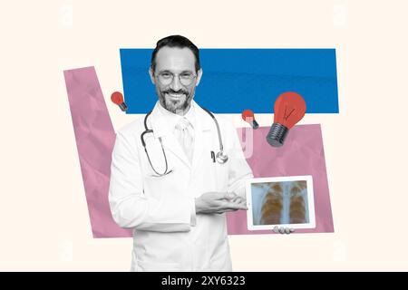 Kreatives Collage Bild Senior man Doctor Röntgen-Bild Skelett Brust Lungen Krankheit medizinische Beratungsdiagnostik Stockfoto