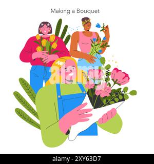 Gartenmädchen-Konzept. Fröhliche Frauen widmeten sich Blumenarrangements und kreieren lebendige Blumensträuße mit frischen Blumen. Künstlerisches Hobby und Naturschätzen. Vektorabbildung. Stock Vektor