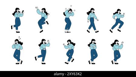 Geschäftsleute eingestellt. Verschiedene Positionen von Geschäftsfrauen, die alltägliche Emotionen im Berufsleben widerspiegeln. Multitasking, Kommunikation, Verwirrung. Vektorabbildung. Stock Vektor