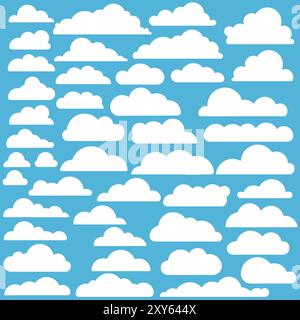 Einfaches weißes Wolkenmuster auf blauem Hintergrund in flachem Stil. Vektorabbildung Stock Vektor