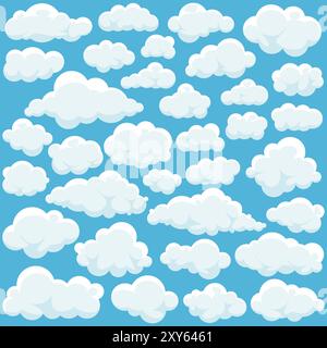 Cartoon flauschige Wolken auf blauem Himmel Hintergrund in flachem Design. Vektorillustrationen Wolkensammlung Stock Vektor
