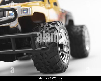 Monster Truck Spielzeug Auto Rad Nahaufnahme. Isoliert auf weißem Hintergrund Stockfoto