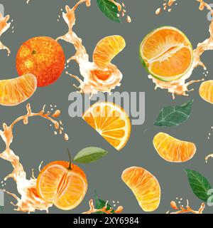 Orange, mandarine, ganz, geschnitten mit Saftspritzer und Blättern Aquarellmuster auf grauem Hintergrund, handgezeichnet für kulinarische, Textilien Stockfoto
