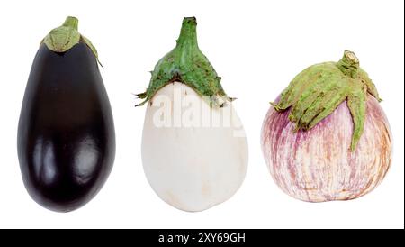 Schwarze Aubergine, gestreifte Aubergine und weiße Aubergine isoliert auf transparentem Hintergrund. Stockfoto